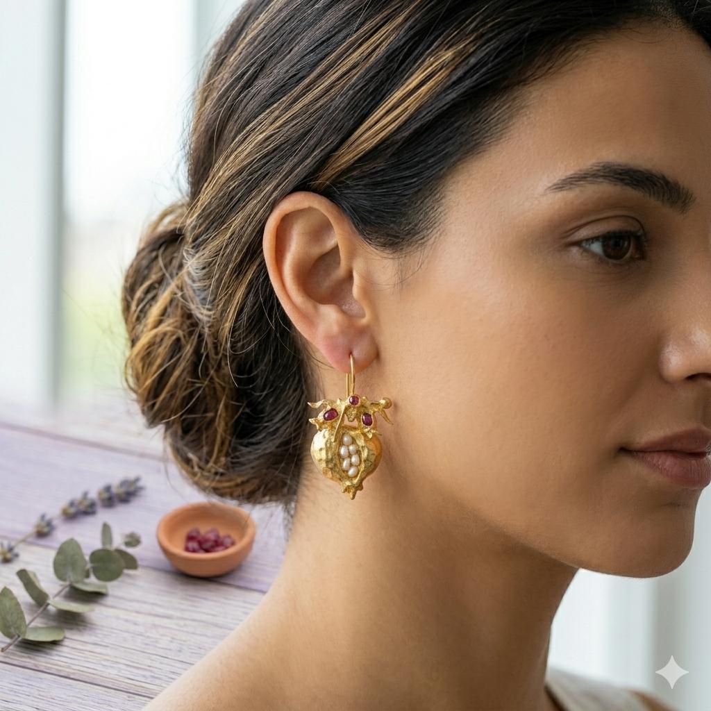 Pomegranate Earrings, Pearl Ruby, Gold Plated Bronze, Boho Turkish Earrings