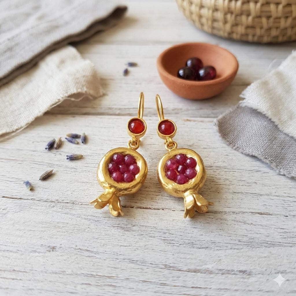 Gold Plated Pomegranate Earrings, Ruby Jade Hook Dangles, Turkish Jewelry