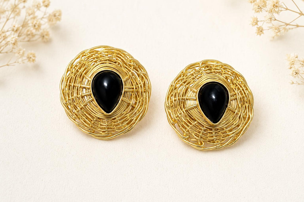 Gold Plated Woven Brass Stud Earrings, Black Agate Stone