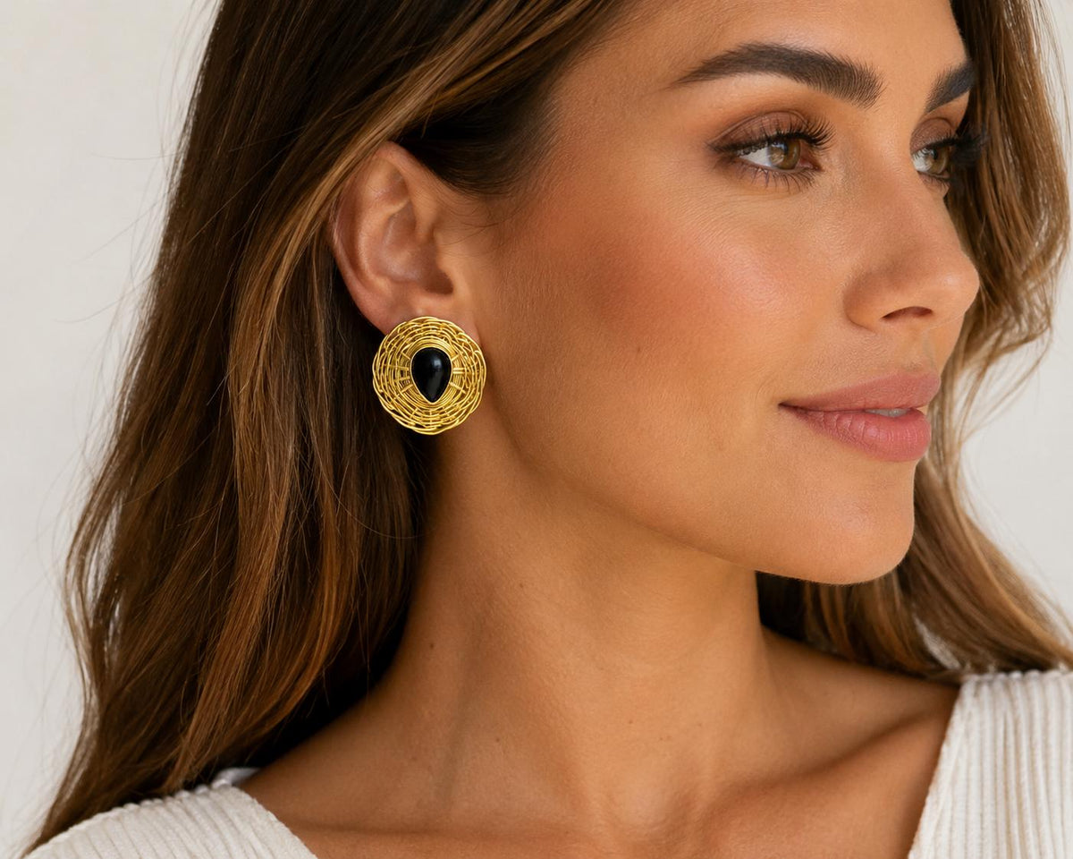 Gold Plated Woven Brass Stud Earrings, Black Agate Stone