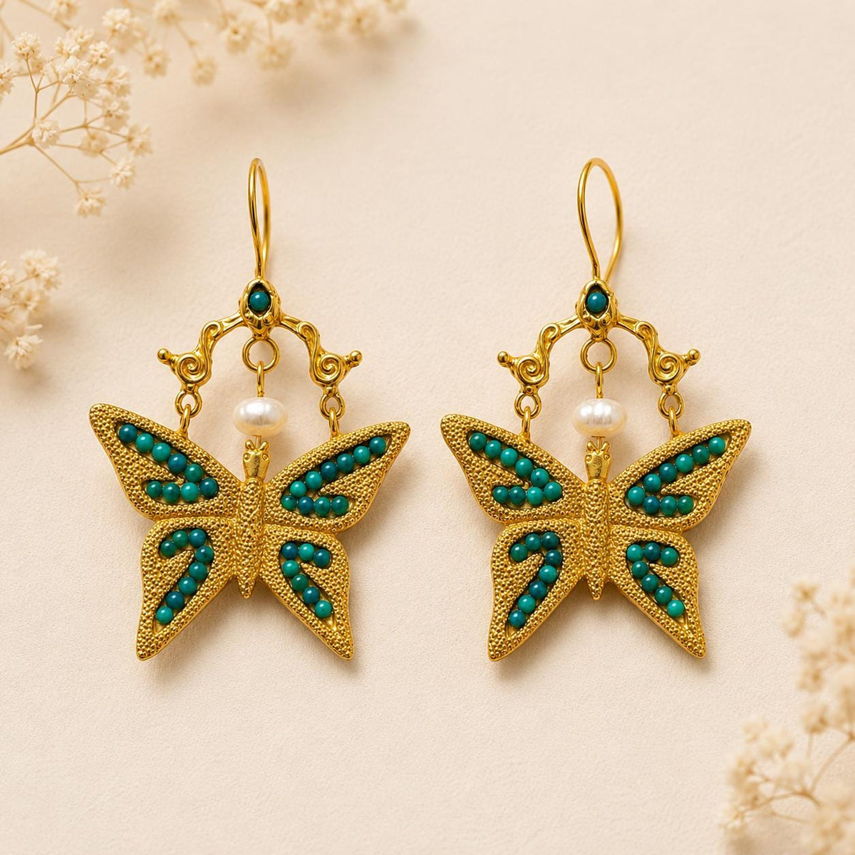 Handmade Gold Plated Bronze Butterfly Earrings, Malaquite Dangle Earrings