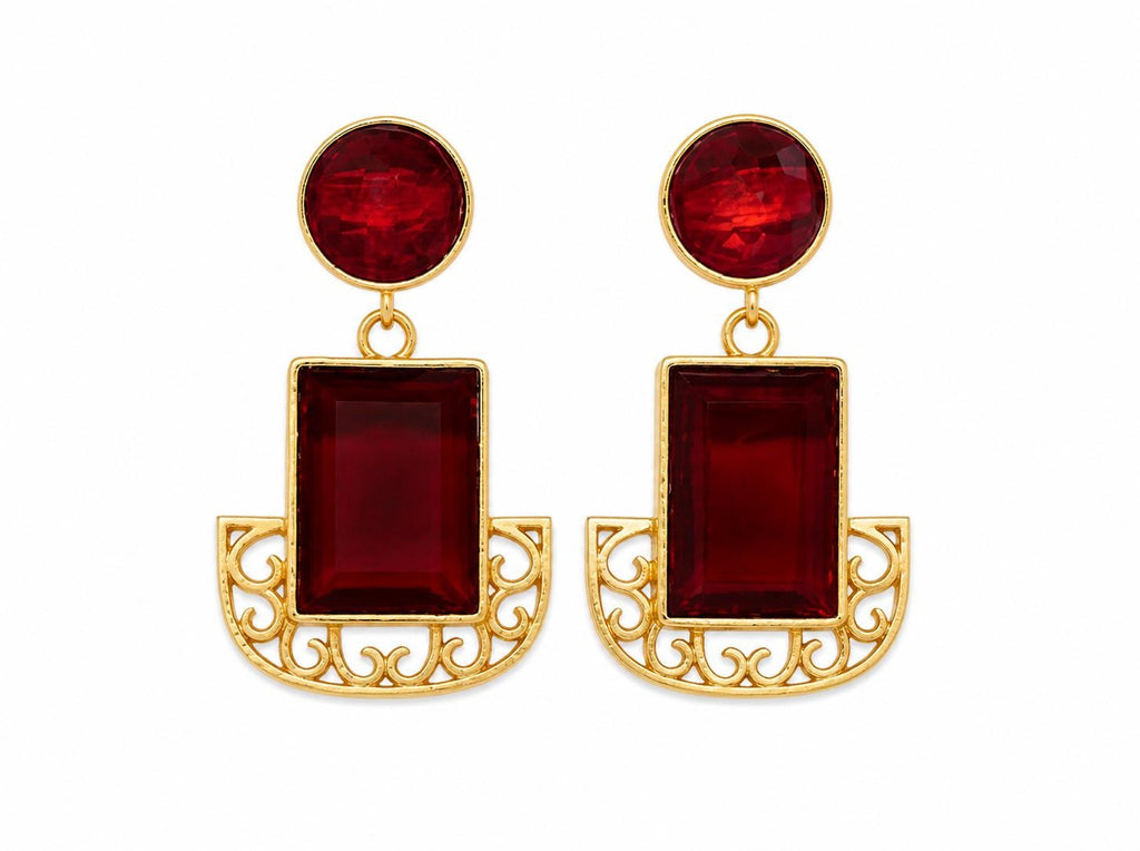 Gold Plated Geometric Garnet Chandelier Earrings – Hypoallergenic Dangle Jewelry
