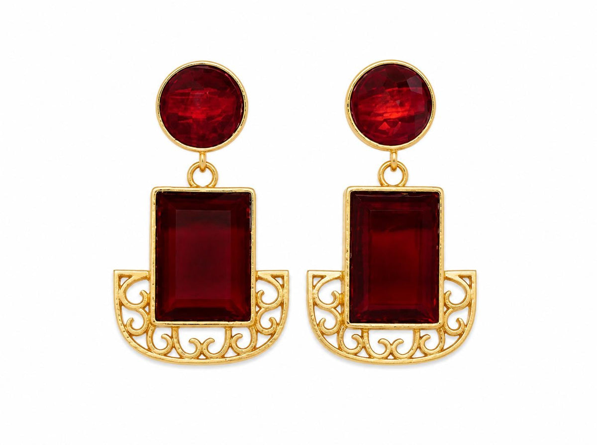 Gold Plated Geometric Garnet Chandelier Earrings – Hypoallergenic Dangle Jewelry