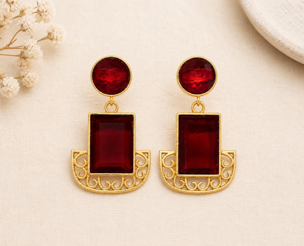 Gold Plated Geometric Garnet Chandelier Earrings – Hypoallergenic Dangle Jewelry