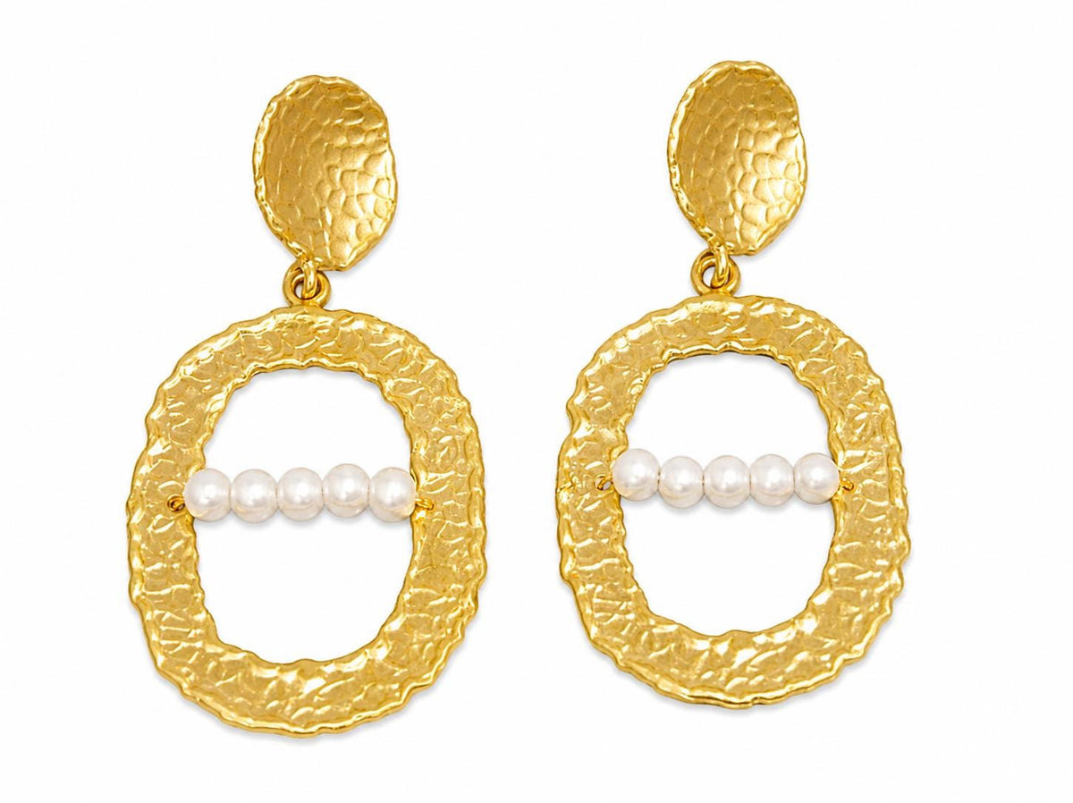Hammered Oval Earrings, Matte Gold Plated, Pearl Statement Jewelry