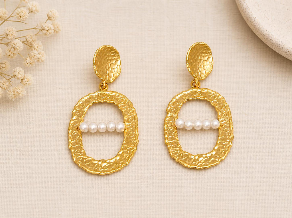 Hammered Oval Earrings, Matte Gold Plated, Pearl Statement Jewelry