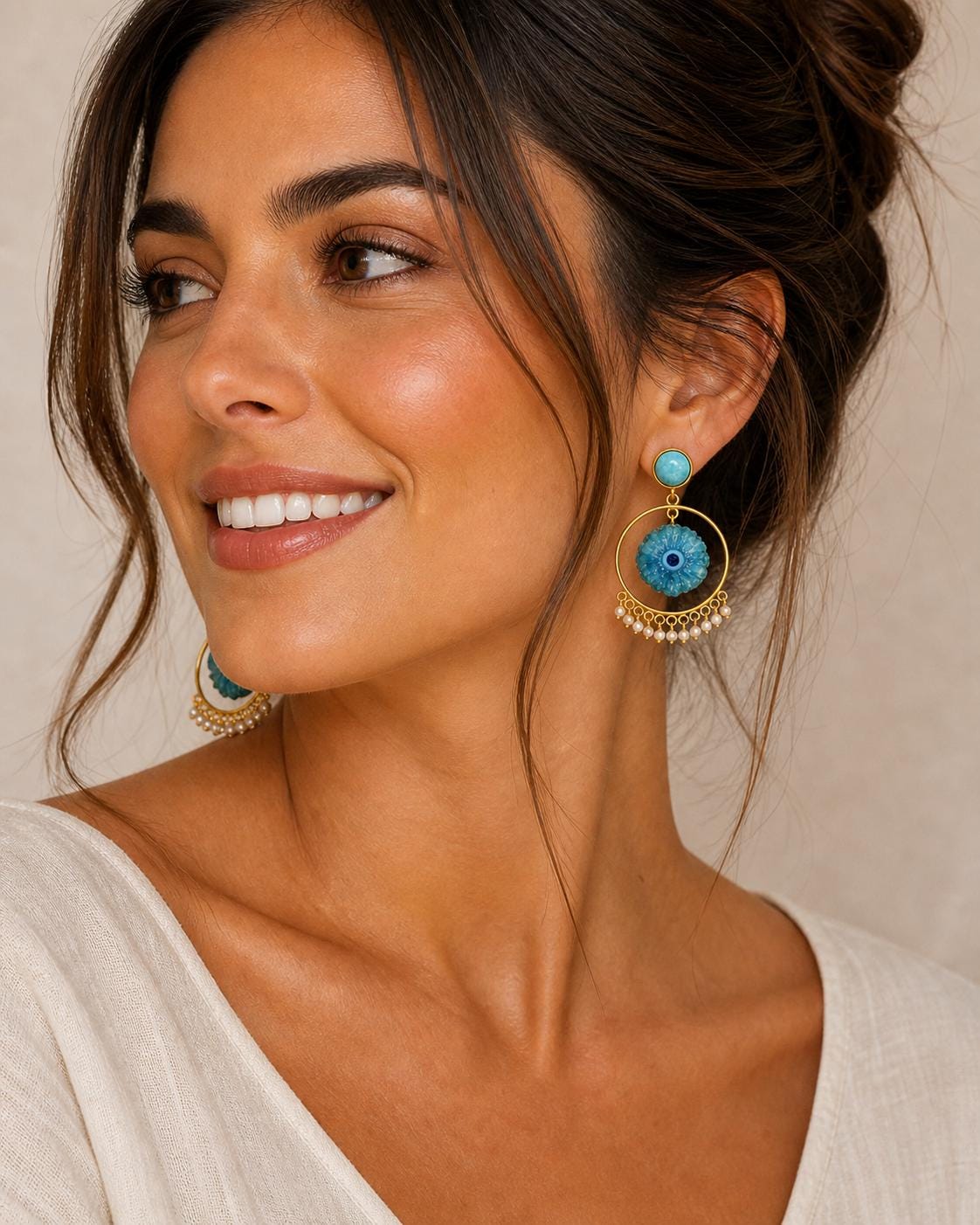 Boho Brass Dangle Gemstone Earrings with Pearls, Larimar Blue Solar Quartz Hoops, Celestial Jewelry
