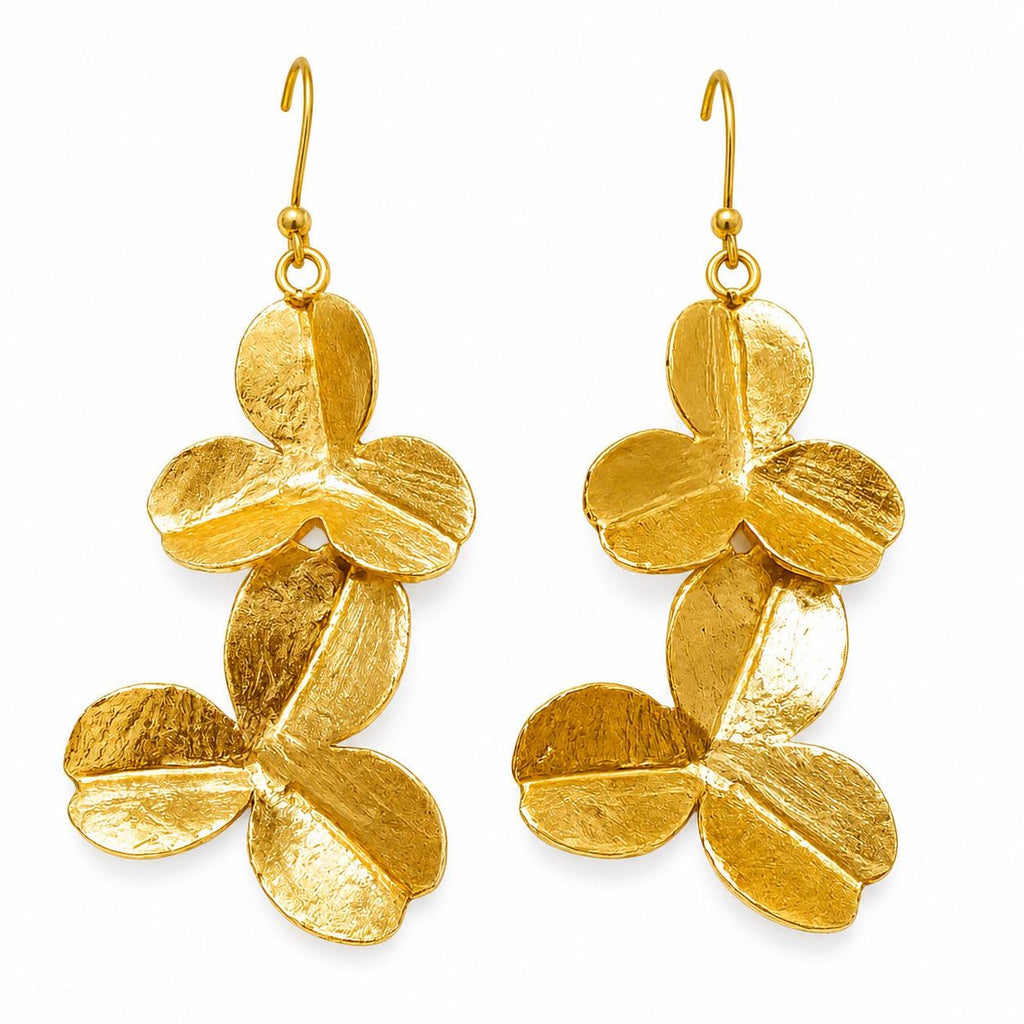 Gold Plated Botanic Clover Dangle Earrings – Hypoallergenic Brass Design (6.5cm Length)