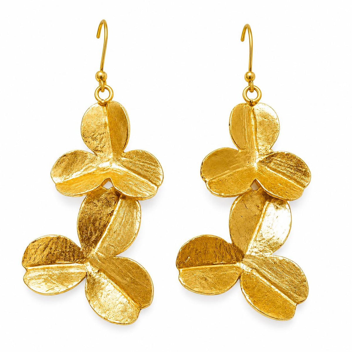 Gold Plated Botanic Clover Dangle Earrings – Hypoallergenic Brass Design (6.5cm Length)