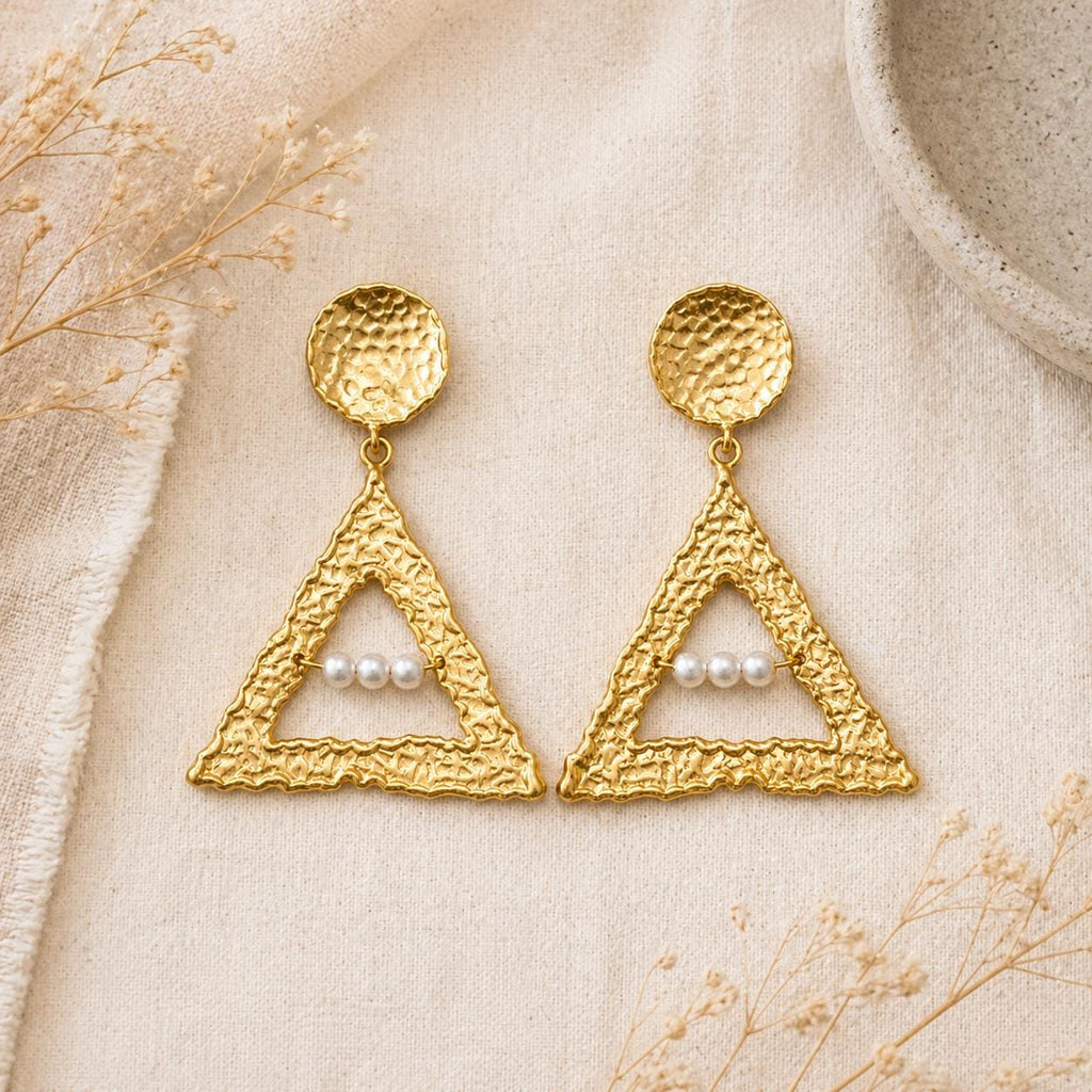 Hammered Triangle Dangle Earrings, Matte Gold Plated, Pearl Statement