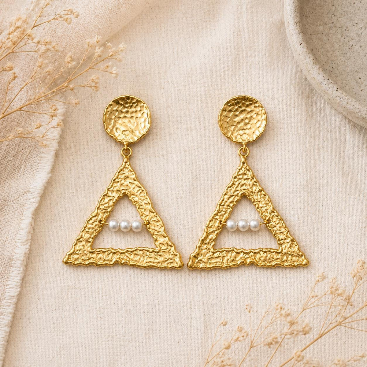 Hammered Triangle Dangle Earrings, Matte Gold Plated, Pearl Statement