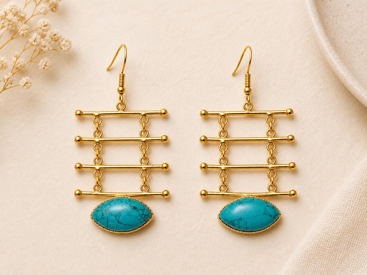 Turquoise Howlite Chandelier Earrings, Gold Plated Brass