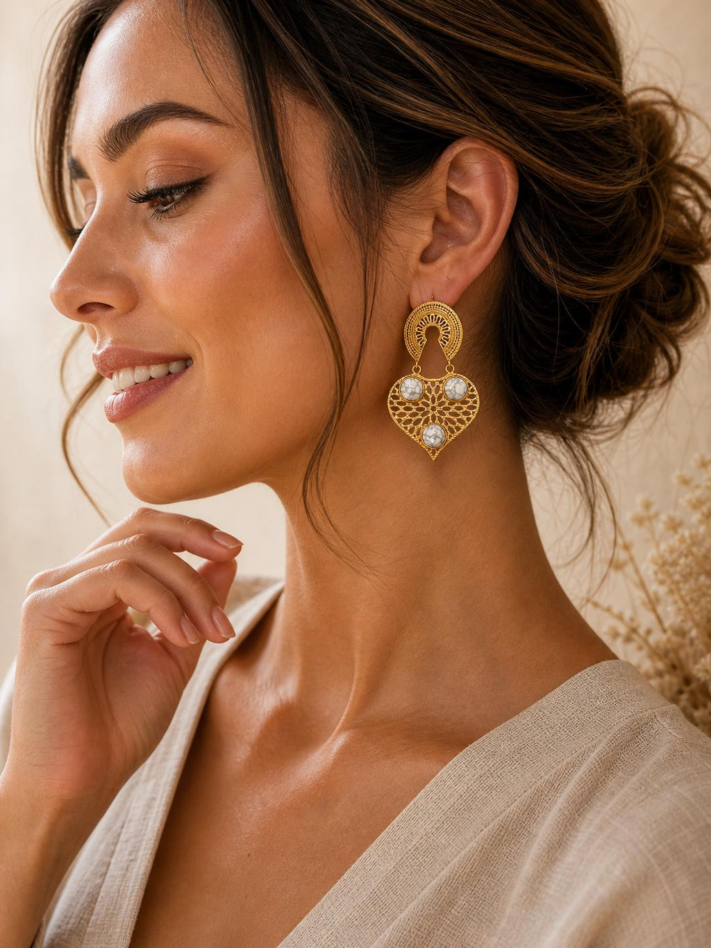 Gold Plated Brass Openwork Earrings with White Howlite, Artisan Dangle Jewelry