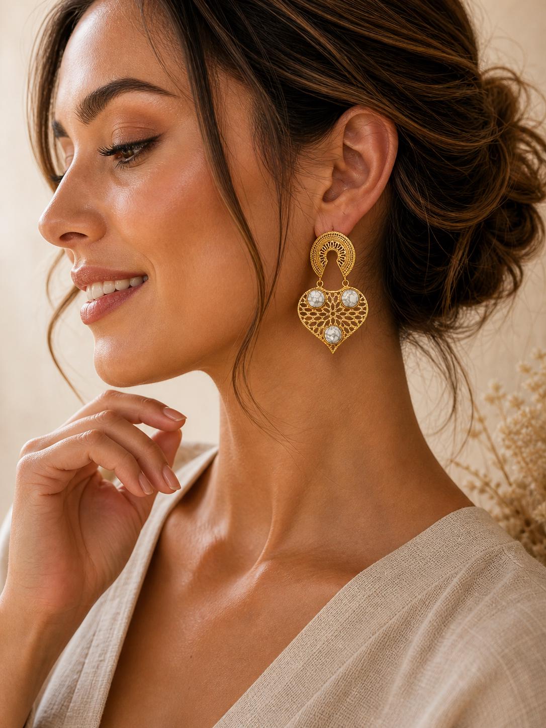 Gold Plated Brass Openwork Earrings with White Howlite, Artisan Dangle Jewelry