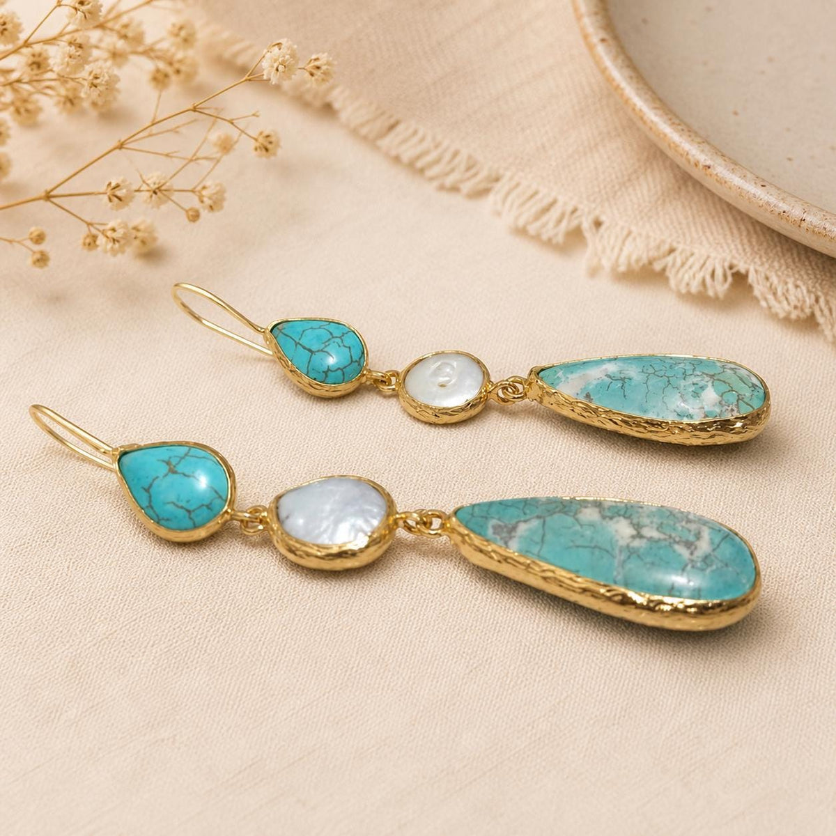 Teardrop Howlite Earrings, Pearl Dangle, Gold Plated