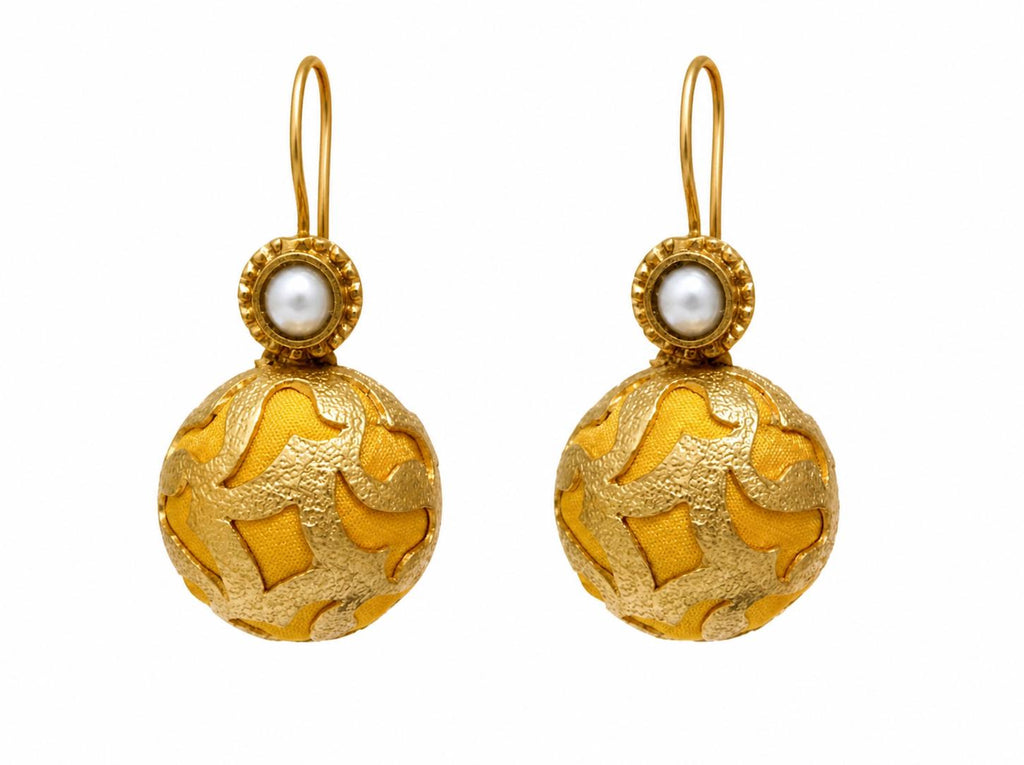 Ottoman Pearl Dangle Earrings, Yellow Turkish Silk, Gold Plated Bronze