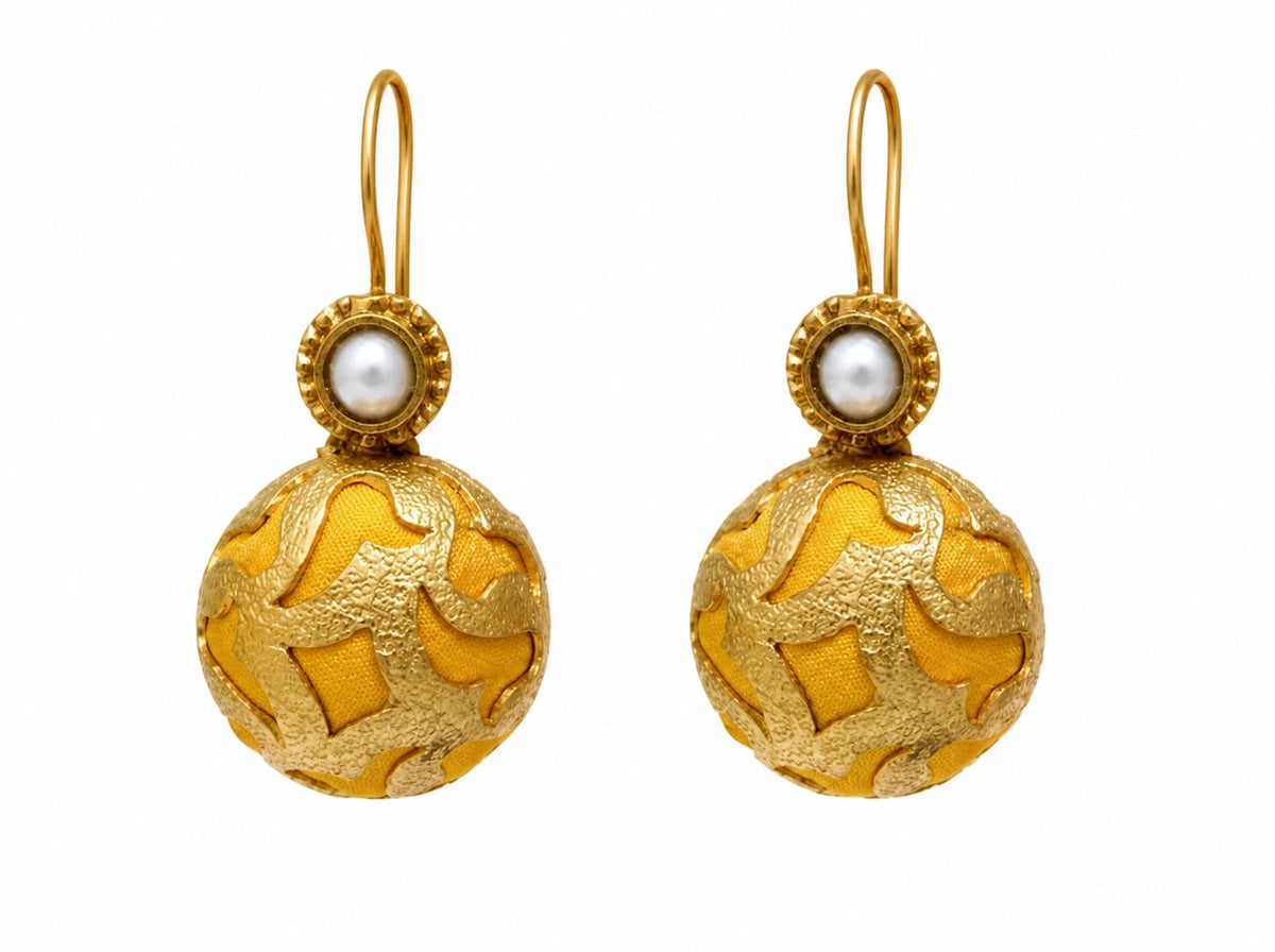 Ottoman Pearl Dangle Earrings, Yellow Turkish Silk, Gold Plated Bronze