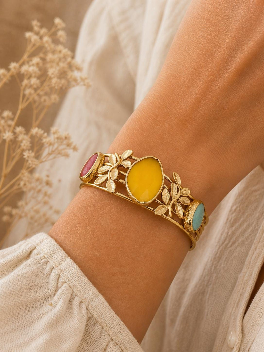 Gold Plated Brass Bangle with Yellow Jade & Agate Leaves Cuff – Adjustable Bracelet