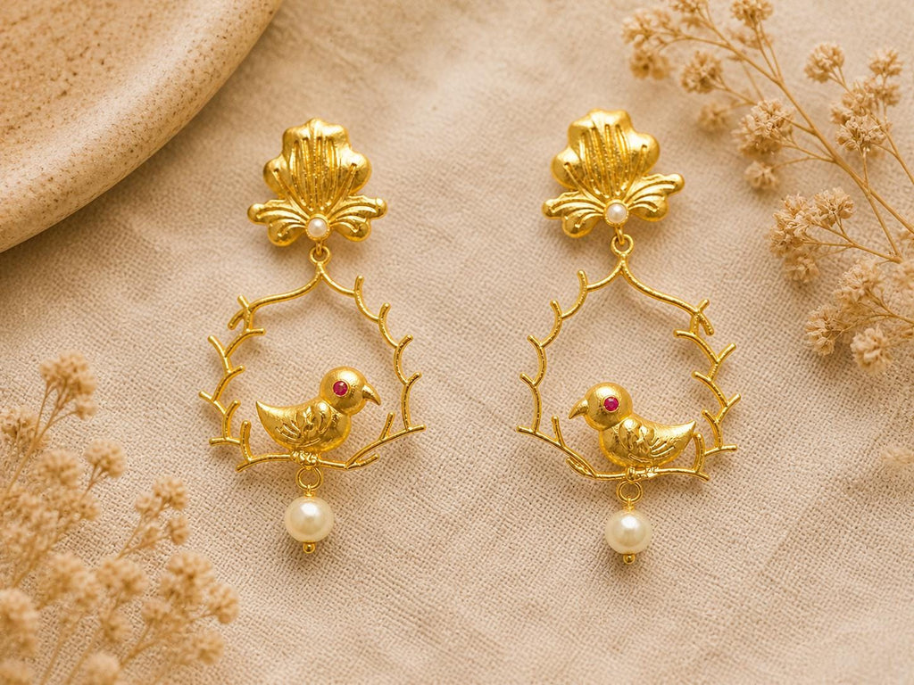 Gold Plated Brass Bird Earrings with Bougainvillea Stone, Hypoallergenic, Gift Packaging Included