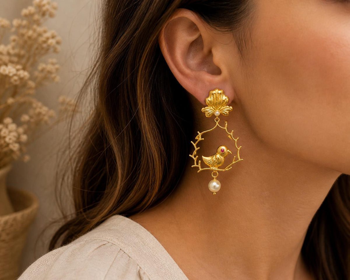 Gold Plated Brass Bird Earrings with Bougainvillea Stone, Hypoallergenic, Gift Packaging Included