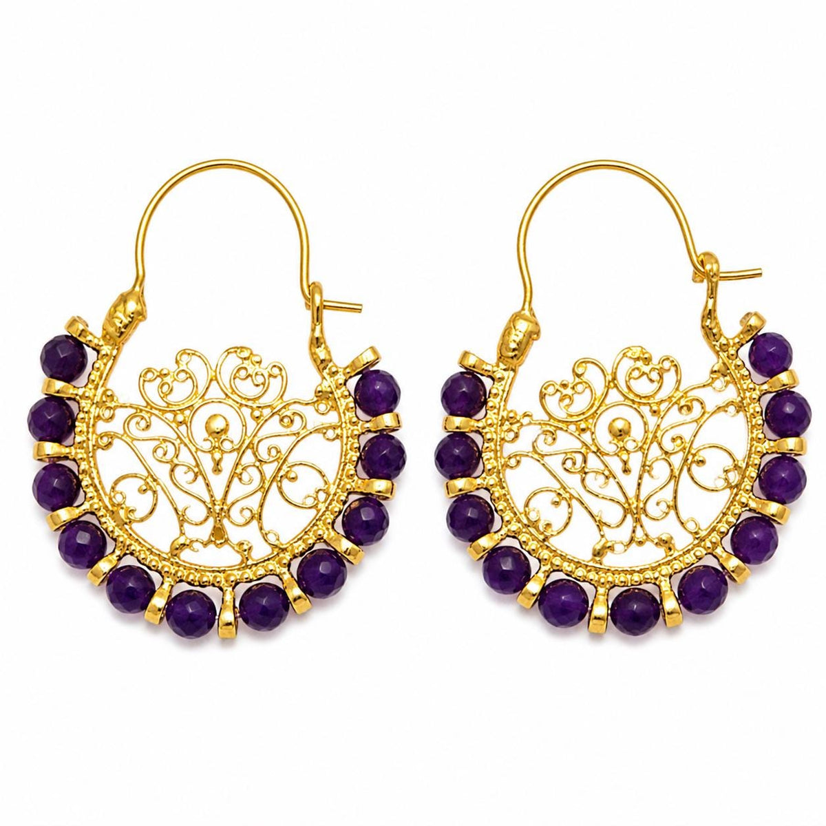 Delicate faceted dark purple agate hoop openwork  earrings,  gold plated bronze gemstone turkish earrings