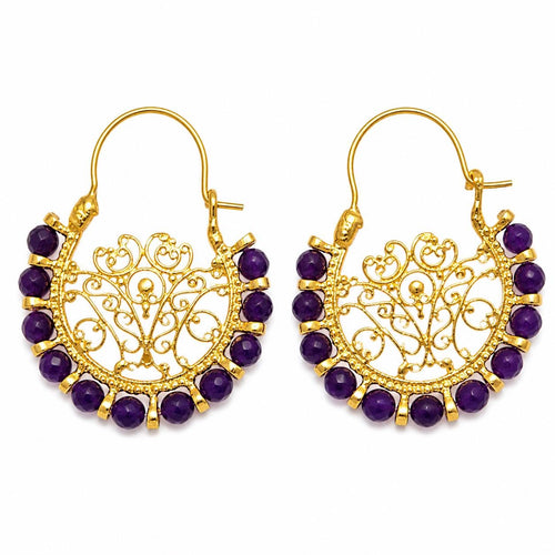 Delicate faceted dark purple agate hoop openwork  earrings,  gold plated bronze gemstone turkish earrings