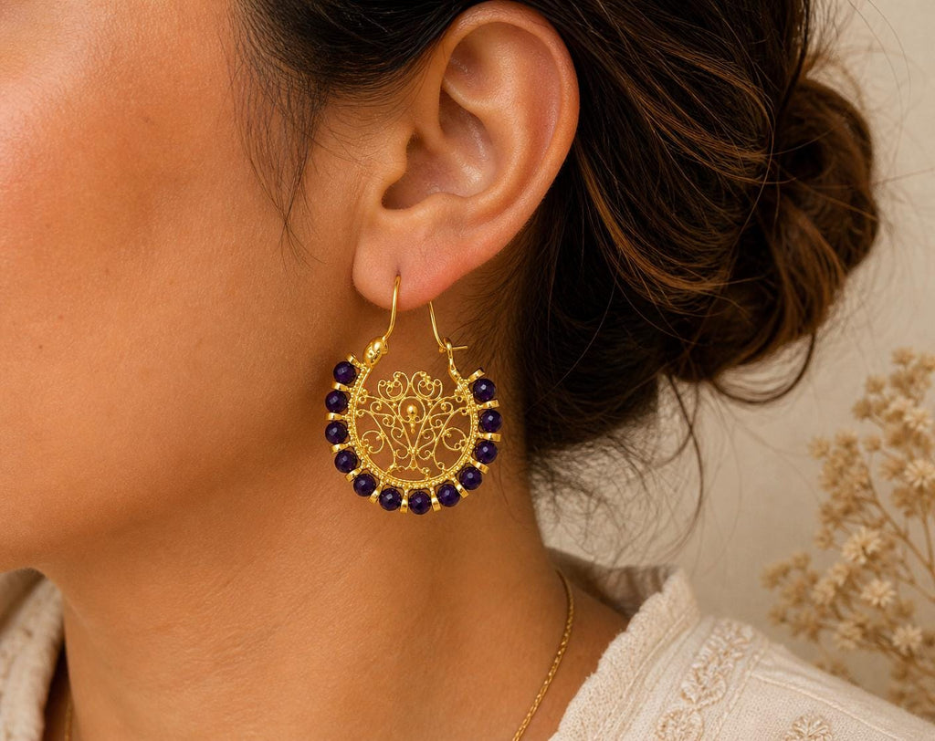 Delicate faceted dark purple agate hoop openwork  earrings,  gold plated bronze gemstone turkish earrings