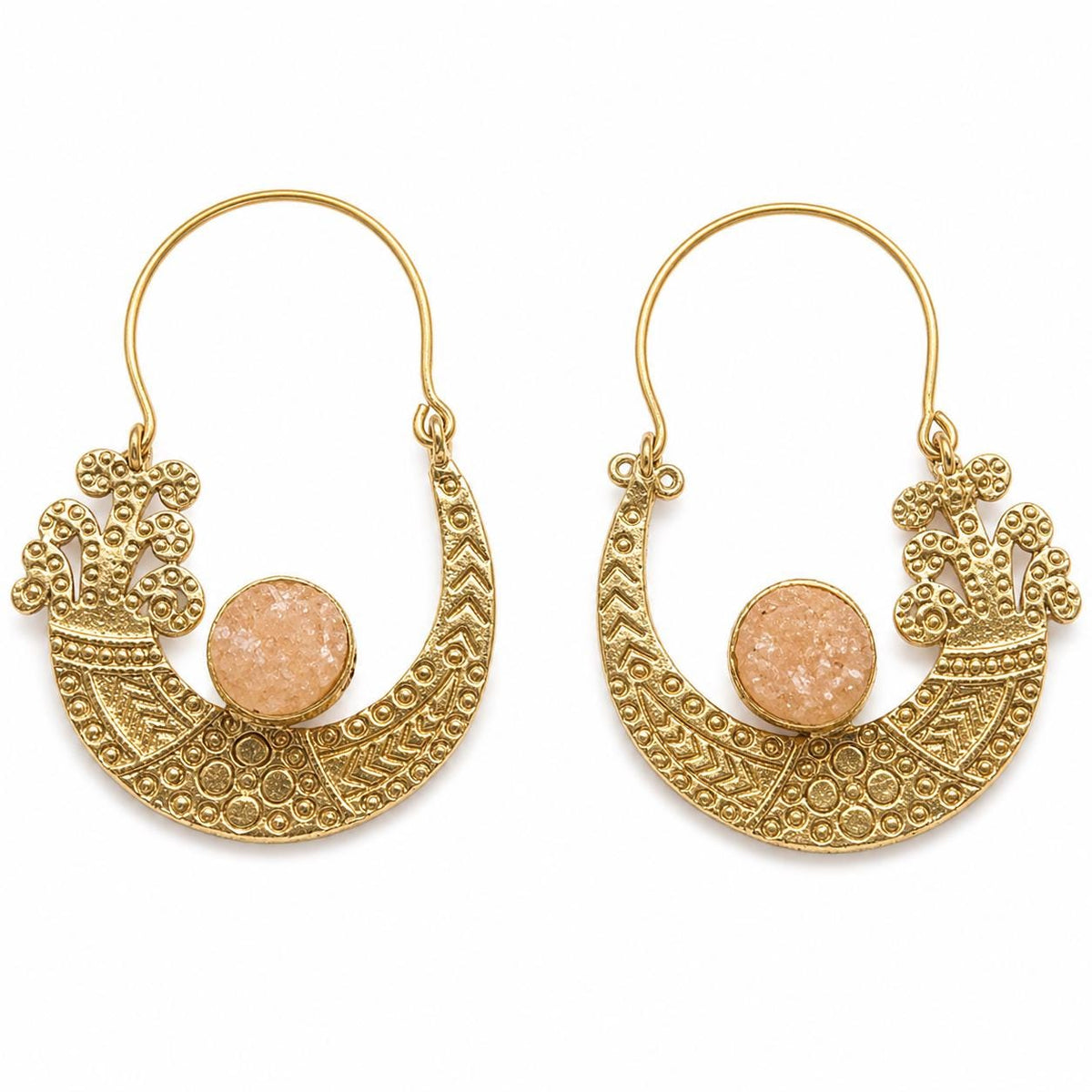 Gold Plated Brass Hoop Earrings with Smoky Druzy Gemstone – Boho Ethnic Jewelry