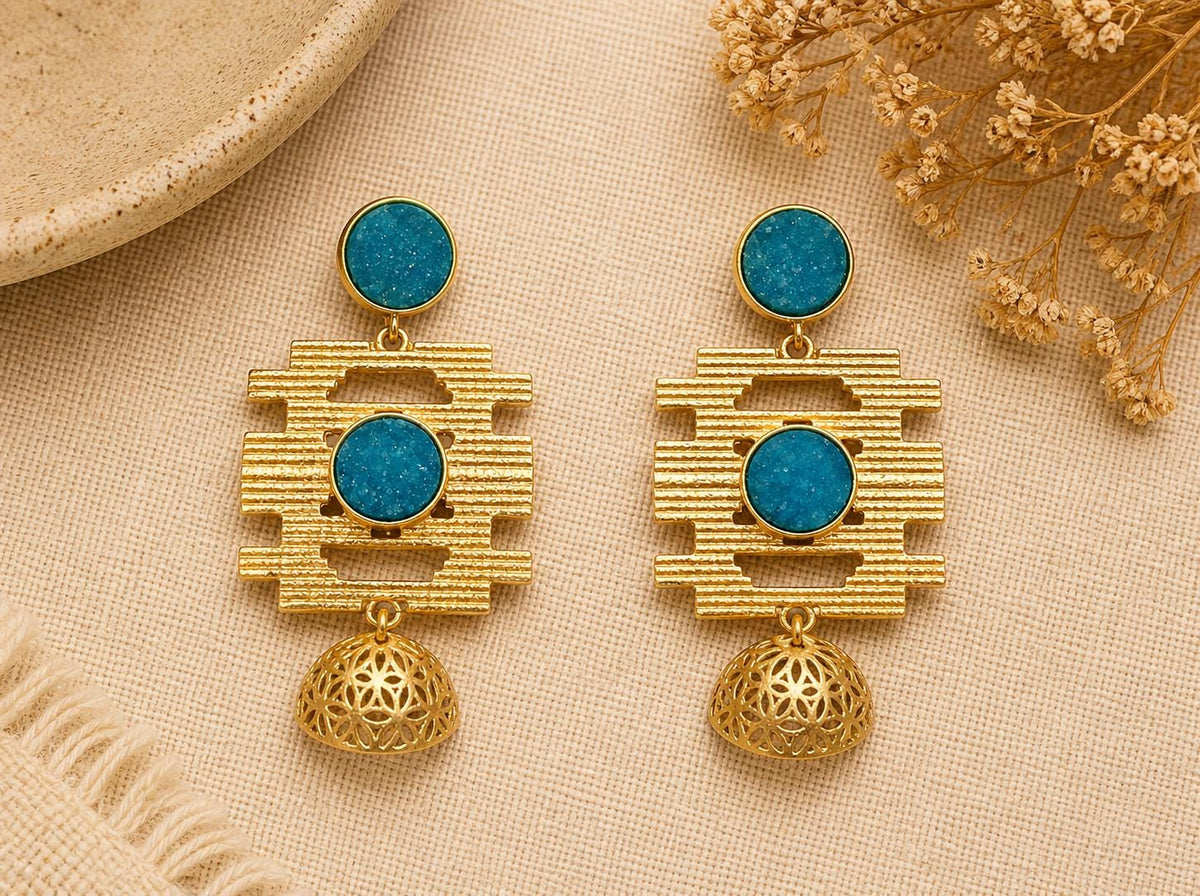 Blue Druzy Chandelier Earrings – Gold Plated Jhumka Dangles, Openwork Design