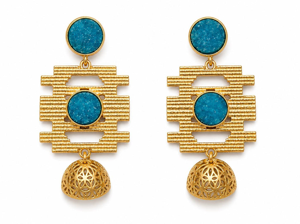 Blue Druzy Chandelier Earrings – Gold Plated Jhumka Dangles, Openwork Design