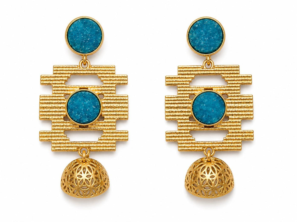 Blue Druzy Chandelier Earrings – Gold Plated Jhumka Dangles, Openwork Design