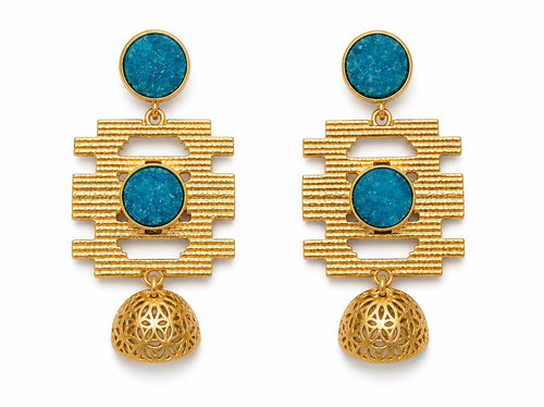 Blue Druzy Chandelier Earrings – Gold Plated Jhumka Dangles, Openwork Design