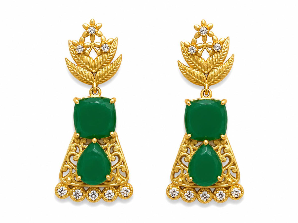 Green Agate Dangle Earrings, Gold Plated, Roxelana Jewelry
