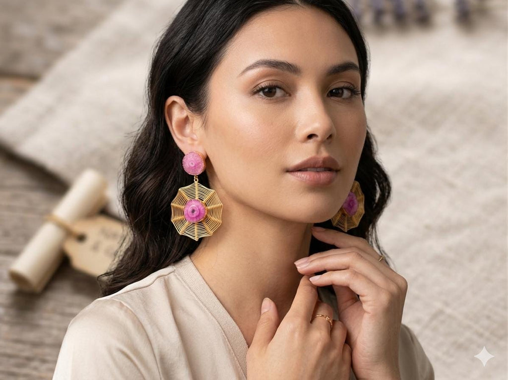 Gold Plated Pink Solar Quartz Dangle Earrings, Hypoallergenic Statement Gemstone Jewelry, Gift Bag Included