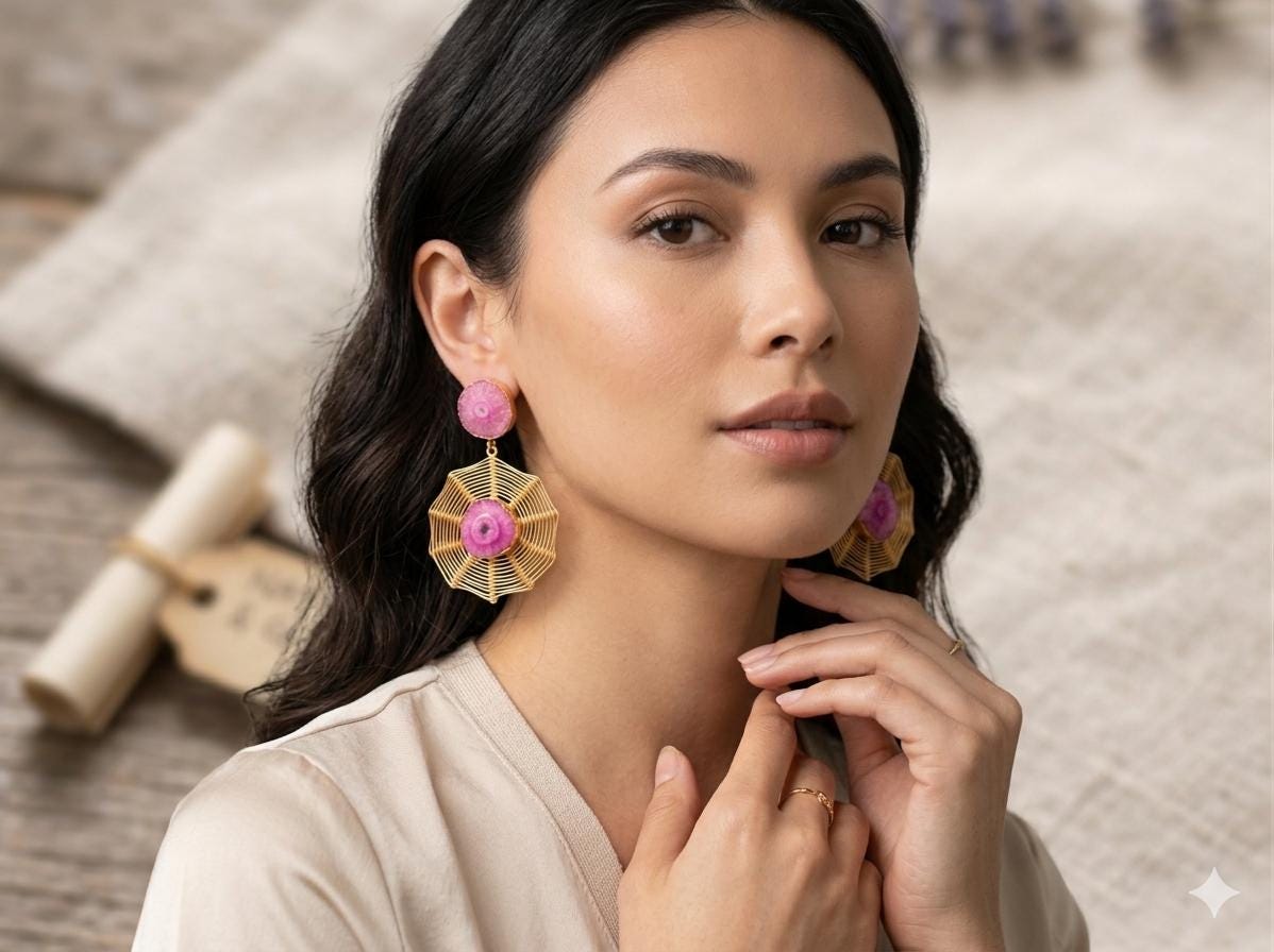 Gold Plated Pink Solar Quartz Dangle Earrings, Hypoallergenic Statement Gemstone Jewelry, Gift Bag Included