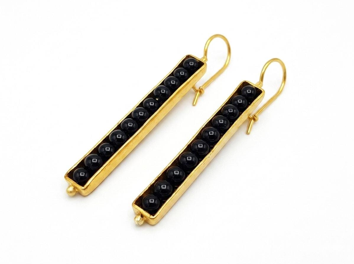 Black Agate Seed Pod Earrings, Gold Plated Bronze, Boho Dangle Jewelry