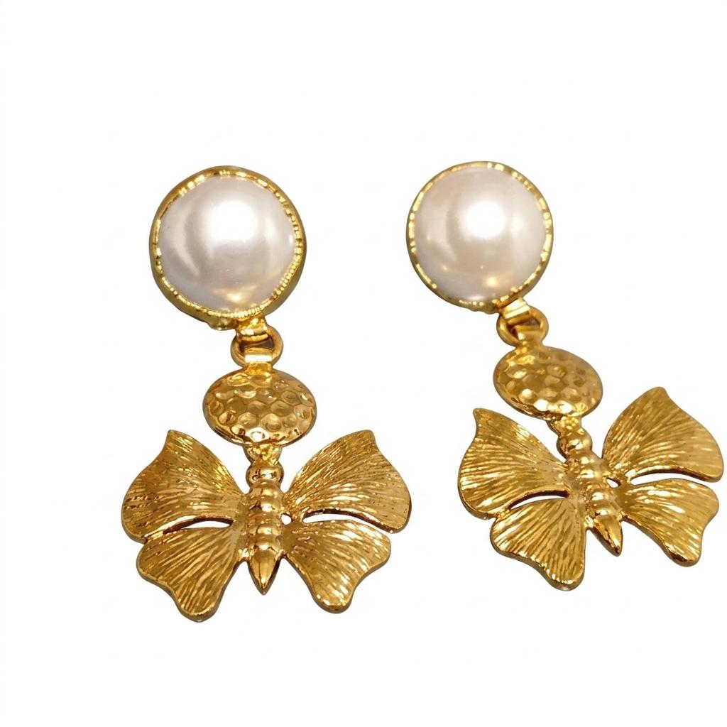 Gold Plated Butterfly Pearl Dangle Earrings – Hypoallergenic Turkish Studs