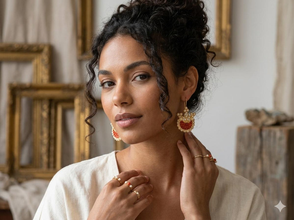 Turkish Chandelier Earrings with Red Coral Pearl Drops – Gold Plated Bridesmaid Jewelry