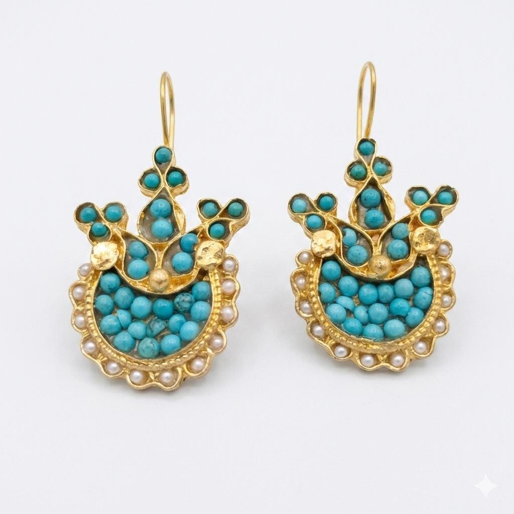 Gold Plated Turkish Tulip Earrings with Pearls, Turquoise – Ottoman Chandelier Style Bridal