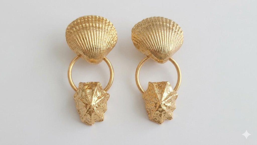 Matte Gold Plated Hammered Seashell Dangle Earrings, Turkish Art Deco, Hypoallergenic, Gift Packaging Included