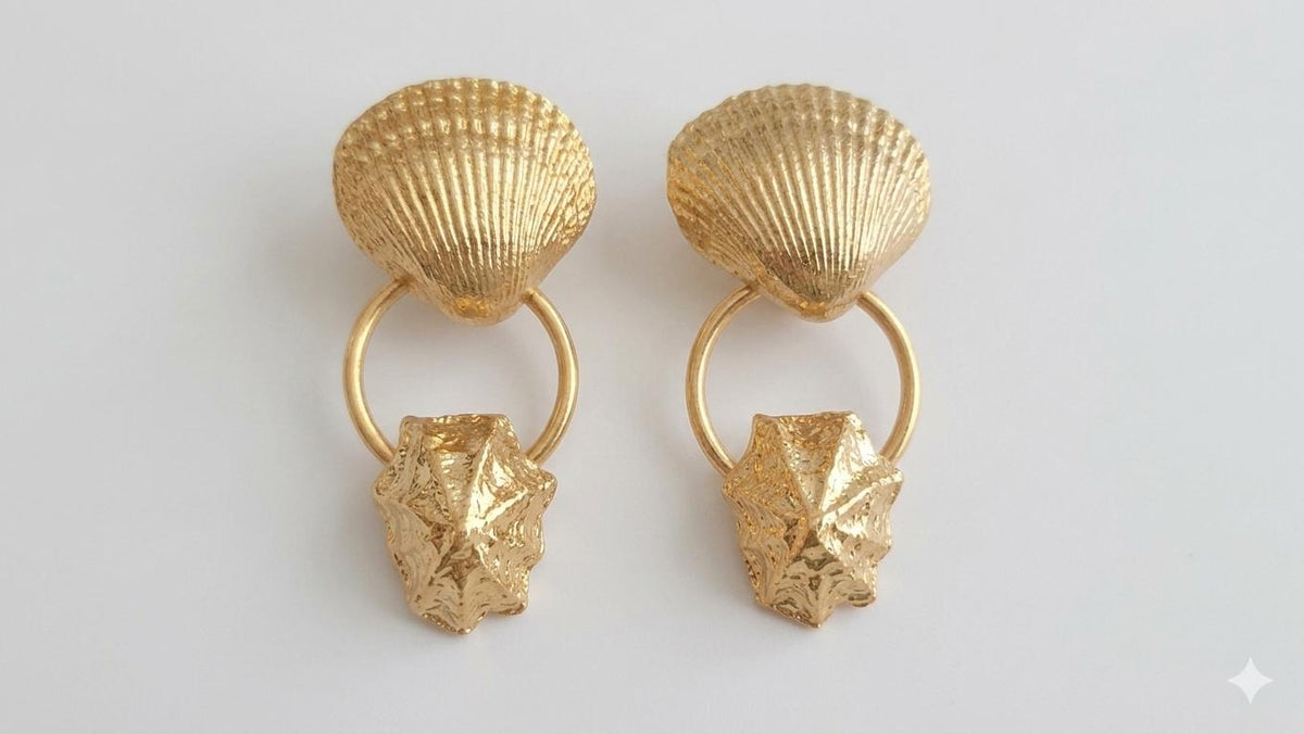 Matte Gold Plated Hammered Seashell Dangle Earrings, Turkish Art Deco, Hypoallergenic, Gift Packaging Included