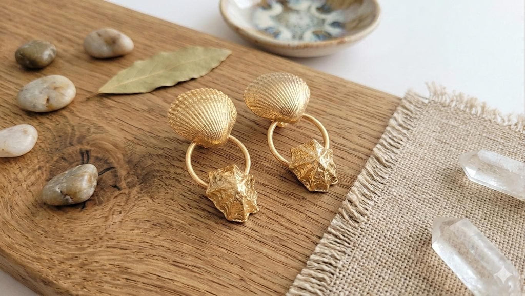 Matte Gold Plated Hammered Seashell Dangle Earrings, Turkish Art Deco, Hypoallergenic, Gift Packaging Included