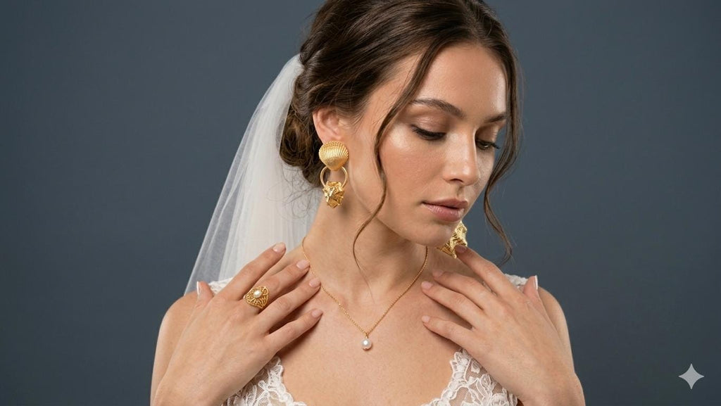 Matte Gold Plated Hammered Seashell Dangle Earrings, Turkish Art Deco, Hypoallergenic, Gift Packaging Included