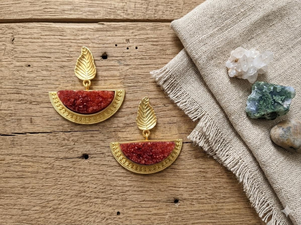 Orange Druzy Leaf Earrings, Gold Plated Semicircle Dangle Studs
