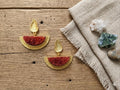 Orange Druzy Leaf Earrings, Gold Plated Semicircle Dangle Studs