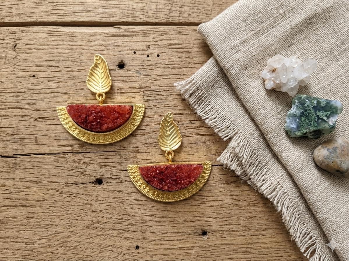 Orange Druzy Leaf Earrings, Gold Plated Semicircle Dangle Studs