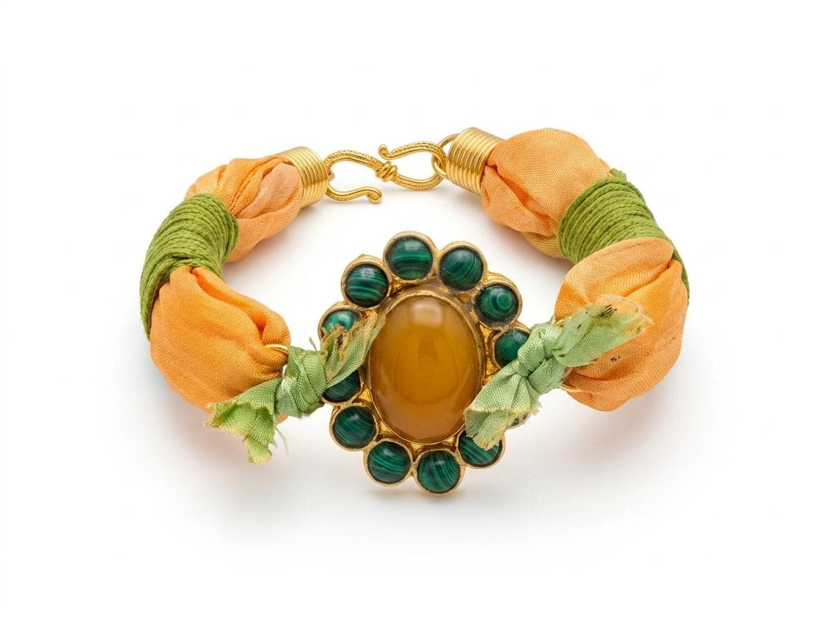 Handmade Turkish Silk Bracelet: Malachite Agate, Gold Plated Brass, Orange Green Design