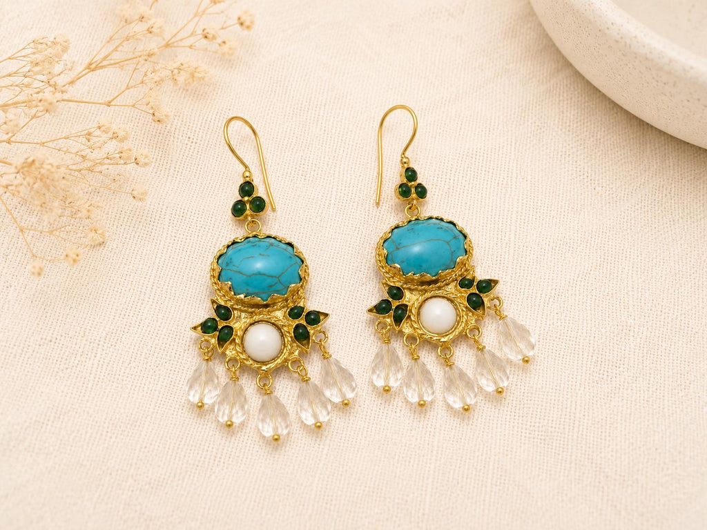 Handmade Gold Plated Bronze Turkish Earrings, Agate, Howlite, Rock Crystal Chandelier