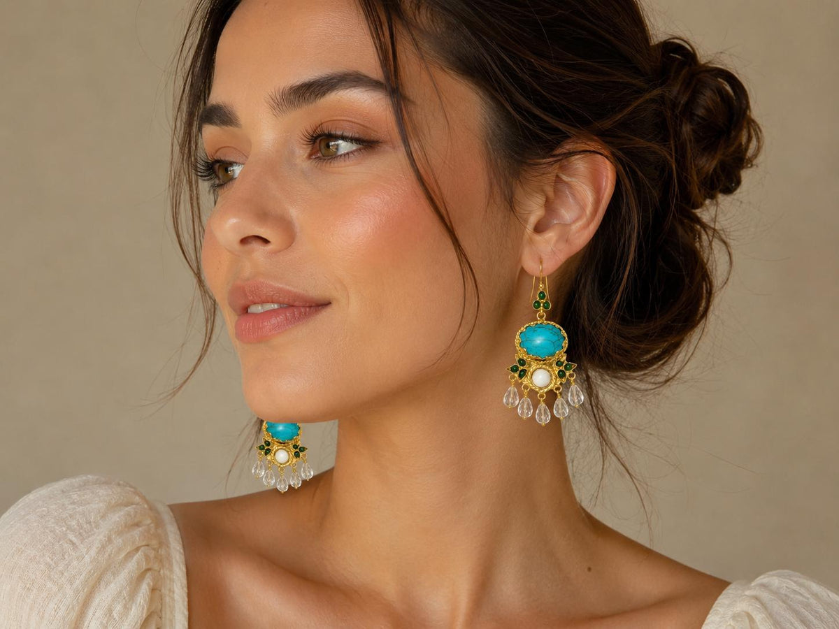 Handmade Gold Plated Bronze Turkish Earrings, Agate, Howlite, Rock Crystal Chandelier