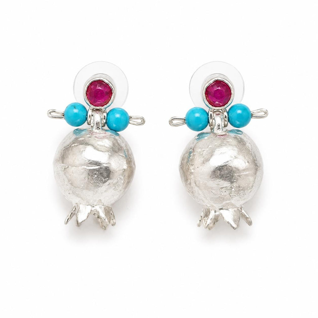 Pomegranate Earrings: Blue Howlite, Ruby Jade, Silver Plated Boho Chandelier
